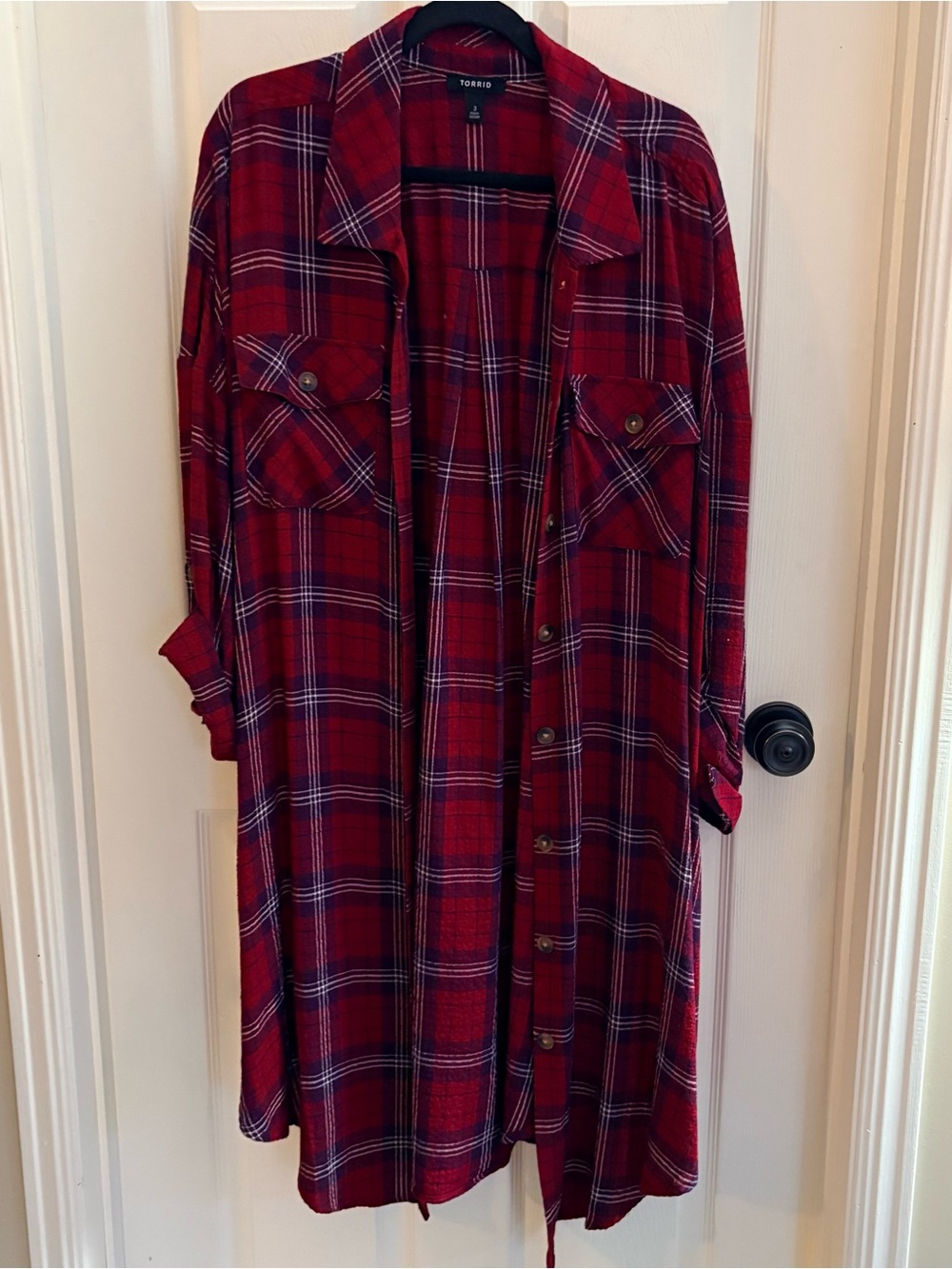 Torrid Red and Purple Plaid Button Down Shirt/Kimono 3X